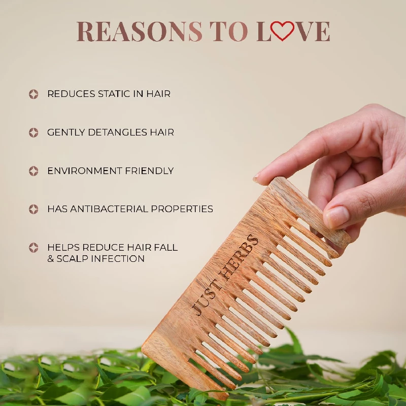 Just Herbs Handmade Wooden Neem Comb for Hair Growth and Hairfall Control for Men & Women, 34.5 g-4.webp